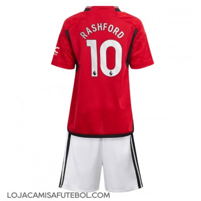 Camisa de Futebol Manchester United Marcus Rashford #10 Equipamento Principal Infantil 2023-24 Manga Curta (+ Calças curtas)
